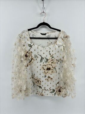 MASSIVE $10 SALE  Sheer Square Neck 3-D Flowers Metallic Butterfly Sleeves Top